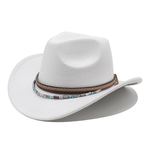 Detail of white wool cowboy hat featuring turquoise beads and braided leather band decoration