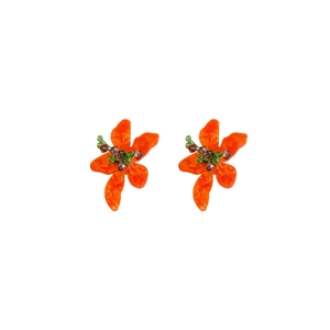 Vintage orange resin flower earrings with colorful beaded centers on a white background