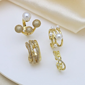 Gold Plated Brass Open Ring With Faux Artificial Pearl And Zircon Geometric Adjustable Layered Ball Design For Women