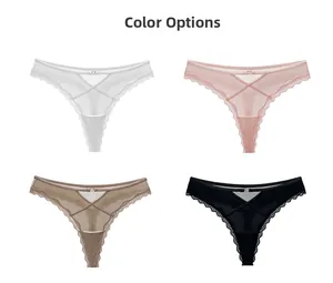 Lace T-back thongs for women in four colors with heart-shaped metal charms and cross straps