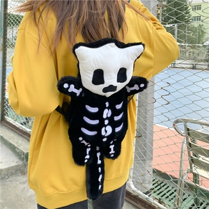 Bolso bandolera divertido de gato calavera de peluche para mujer en blanco y negro
