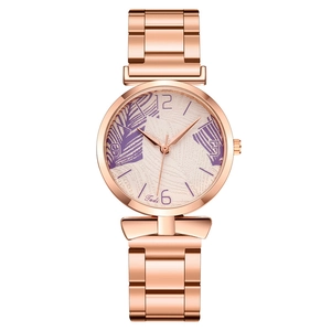 Women fashion mesh band watch with rose gold case and artistic purple leaf dial