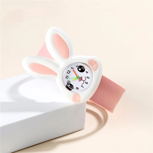 Pink cartoon rabbit slap watch for kids with silicone strap and cute bunny face design