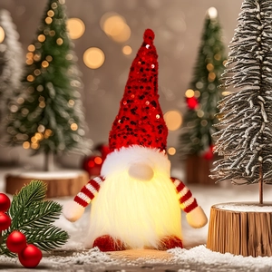 Close-up of a glowing Christmas gnome with red sequin hat in a festive forest setting