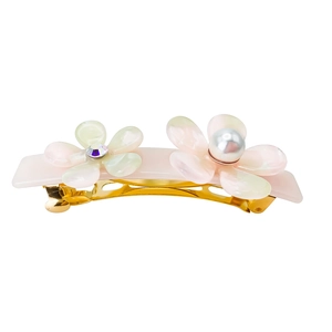 Elegant floral acetate hair clip with pearls and rhinestones on a gold metal base