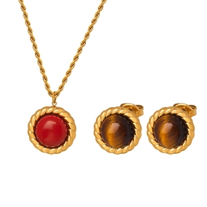 Gold snake chain necklace and earring set with round tiger eye stone pendants