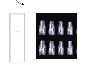 Detail of purple cat eye coffin press-on nails with white flame and pearl accents