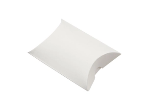 Detail view of a white kraft paper pillow box for wedding candy and gift packaging