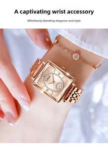 Close-up of rose gold square watch with crystal bezel and matching charm bracelet
