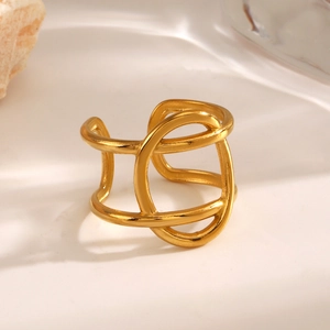 Bague ouverte ovale multicouche dorée chic en acier inoxydable poli au style minimaliste