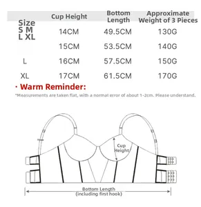 Size chart detail for open back cotton bra showing cup height and band length metrics