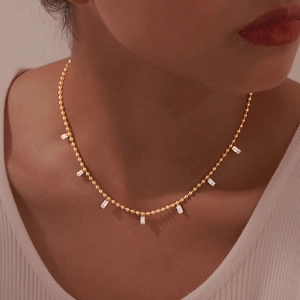 Stainless Steel Gold Plated Ball Chain Necklace With Rectangular Rhinestone Charms For Women Geometric Jewelry Gift