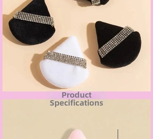 Detail view of triangular crystal makeup puff with sparkling rhinestone band decorations