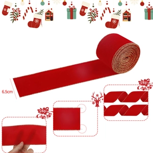 Red velvet Christmas ribbon with gold edges for tree wreath decoration, 6.5cm wide roll