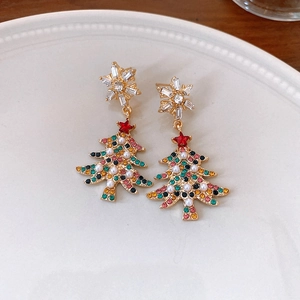 Golden Christmas tree earrings with colorful rhinestones and elegant white pearls