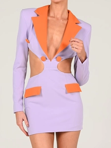 Detail of V-neck hollow out waist blazer dress with double-breasted buttons in purple