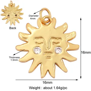 Polished gold sun pendant for necklaces showing front and back views with zircon eyes