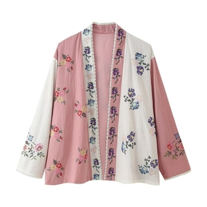 Camicetta Donna Ricamo Punto Croce Floreale Color Block Largo Manica Lunga Pastorale Francese Pizzo Rosa Bianco