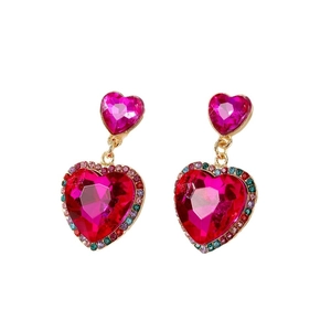 Elegant gold earrings with heart-shaped pink crystals and colorful zircon accents