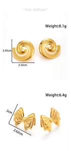 Detail view of golden spiral hoop and pleated bow earrings with size measurements