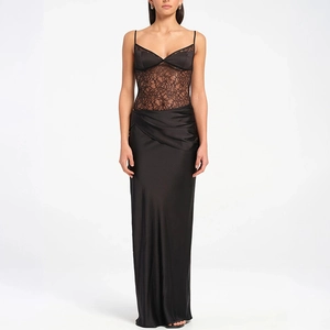 Sexy Maxi-Jurk Van Kant En Satijn Met Spaghettibandjes V-Hals Geplooide Bodycon Partyjurk Voor Dames