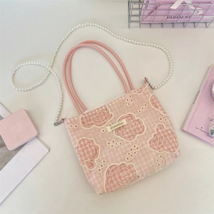 Sac en toile à carreaux roses avec dentelle de roses et bandoulière en perles amovible