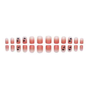 Pink gradient short square press-on nails with heart patterns, 24-piece manicure set