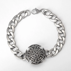 Polished stainless steel Cuban chain bracelet with a Viking Celtic cross knot pendant