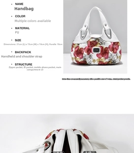 Detail view of floral printed white PU handbag with metal handles and 31x15x18cm dimensions