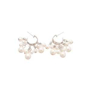 Elegant C-shaped pearl drop earrings with silver needles and cluster tassel design