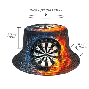 Unisex bucket hat with dartboard print and detailed sizing for outdoor sun protection
