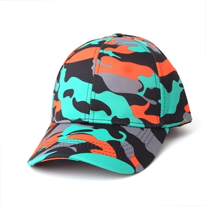 Detailed view of the vibrant multi-color camo pattern on the six-panel baseball cap