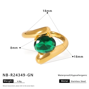 Detail view of 18K gold plated stainless steel ring with oval green zircon inlay