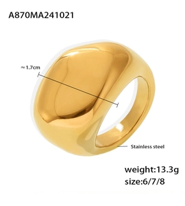 Detail view of gold stainless steel ring showing 1.7cm width and size 6/7/8 dimensions