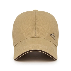 Khaki cotton baseball cap with mountain embroidery and dark contrast brim edging