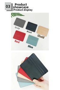 Close-up of slim multi-slot PU leather card holders in diverse colors and stitching detail