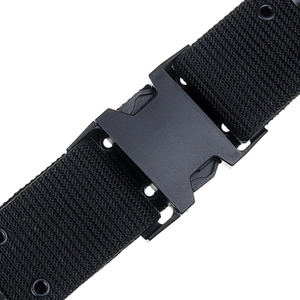 Tactical black nylon belt with heavy-duty plastic buckle and reinforced metal eyelets