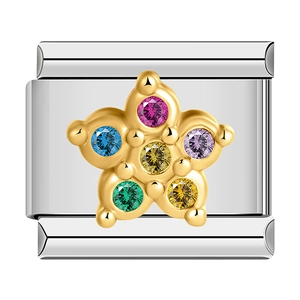 Italian modular bracelet link with gold star and multi-color crystal gemstones