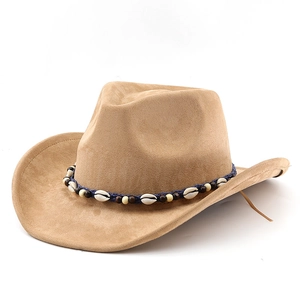 Tan faux suede western cowboy hat featuring woven shell band and curved brim for outdoor