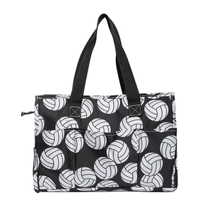 Large capacity canvas tote bag with black and white volleyball print for travel storage