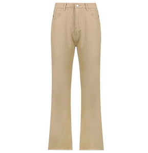 Detail shot of khaki high-waisted flared jeans with raw hem edges on a white background