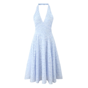 Light blue halter neck dress with deep V-neck and floral jacquard texture for women