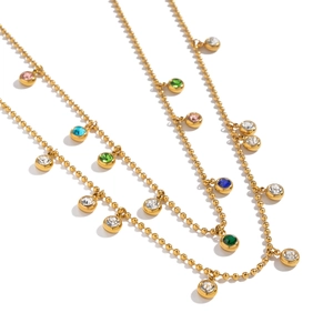 Gold double-layer beaded necklace with colorful cubic zirconia geometric pendants
