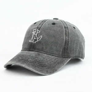 Unisex vintage washed dark gray baseball cap with cute white cartoon puppy embroidery