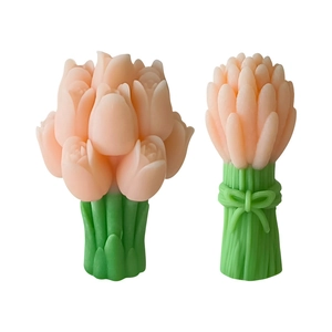 Pink tulip and green asparagus bouquet shaped scented candles in gift set styling