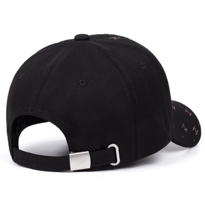 Detailed back view of cotton baseball cap with adjustable metal buckle and embroidery