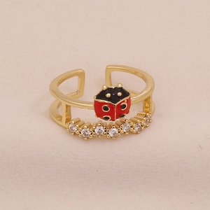 Cute gold ladybug open ring with red enamel and sparkling white zircon stones