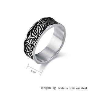 Detailed macro view of 8mm stainless steel ring featuring Eye of Horus and black enamel