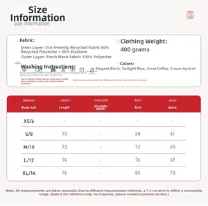 Size chart for 2-in-1 sports dress showing chest, length, and waist measurements