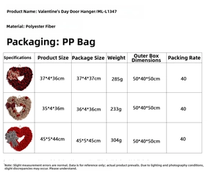 Detailed size specification table for heart-shaped fabric wreaths in various styles